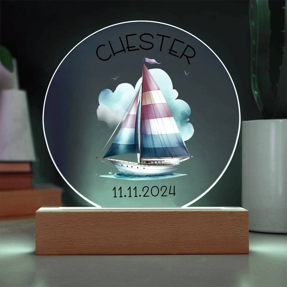 Custom Sailboat Acrylic Circle LED Plaque Nightlight for Baby's Nursery, Personalized Name Birthday Toddler Light Up Sailing Baby Room Decor