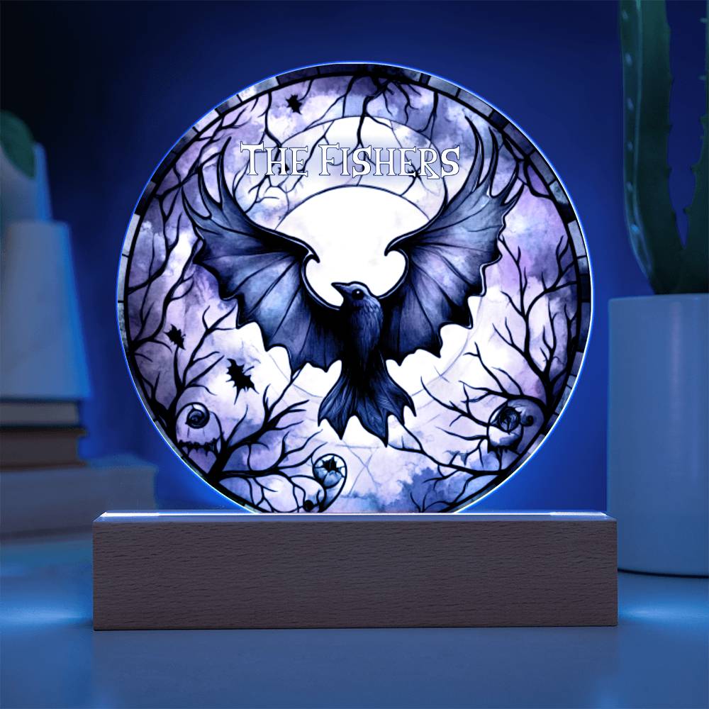 Custom Name Halloween Decoration Light Up Round Acrylic Plaque, Goth Party Light LED, Skull Haunted House Bats Witch Faux Stained Glass
