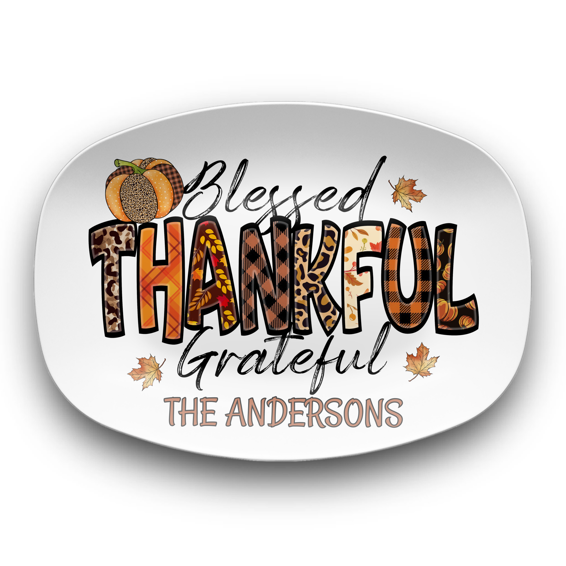 Custom Blessed Thankful Grateful Thanksgiving Platter, 10 x 14" Unbreakable DecoWare