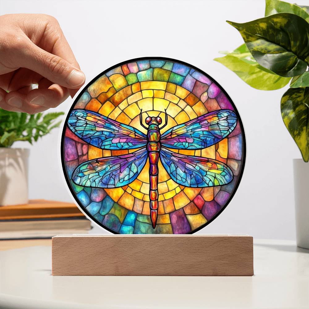 Dragonfly LED Night Light – Round Acrylic Plaque With Faux Stained Glass Glow