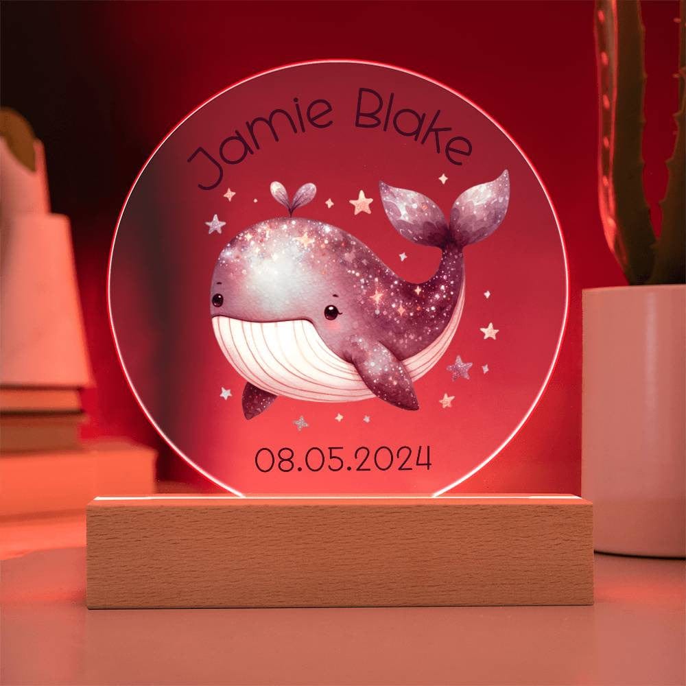 Custom Whale Acrylic Circle LED Plaque Nightlight for Baby's Nursery, Personalized Name Birthday Toddler Light Up Ocean Baby Room Decor