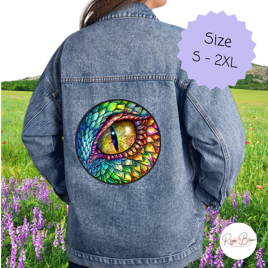 Dragon Eye Castlecore Jean Jacket, Medieval Dragoncore Dungeons Fantasy Oversized Women's 90s Style Denim Printed Boyfriend Fit Coat for Her