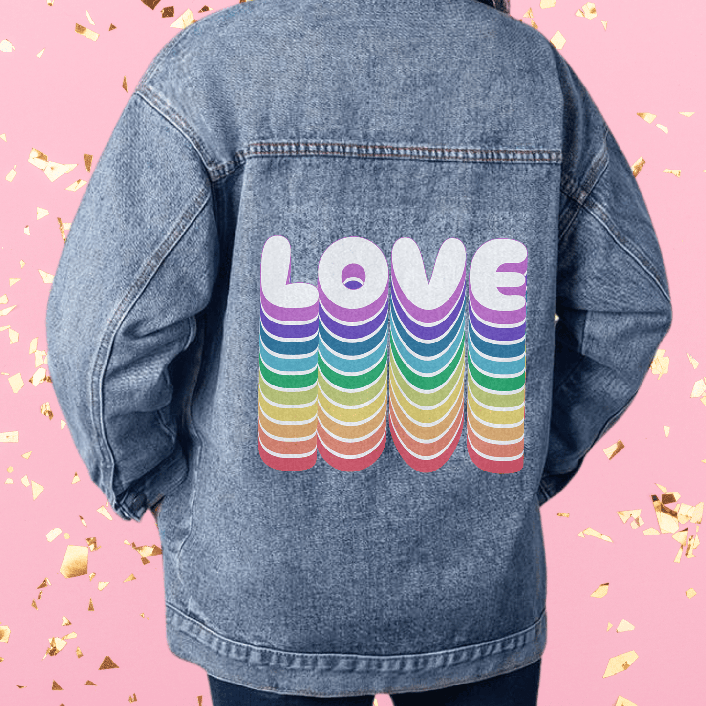 Pride Month Rainbow Love Oversized Women's Denim Jacket, Retro Gay Pride Rainbow, Love is Love 90s Jean Jacket, Happy Pride Month LGBTQIA+