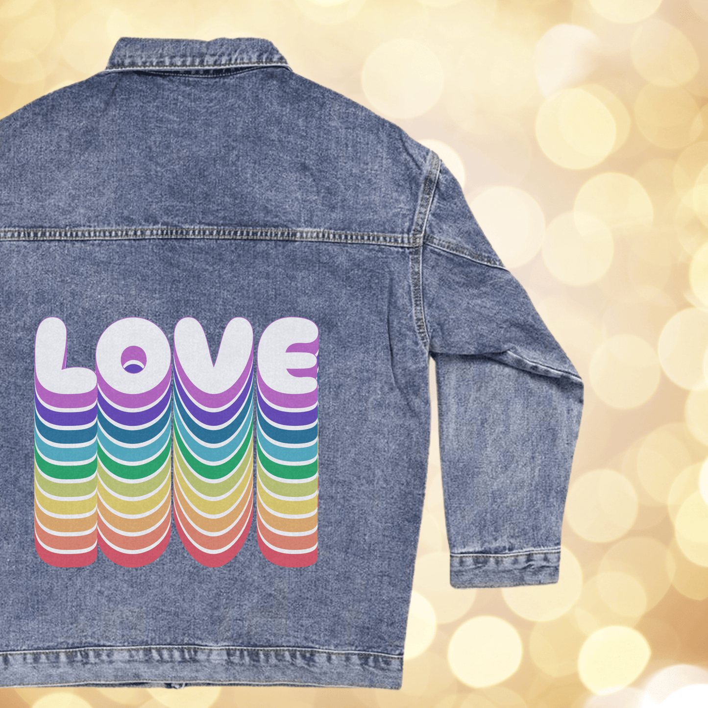 Pride Month Rainbow Love Oversized Women's Denim Jacket, Retro Gay Pride Rainbow, Love is Love 90s Jean Jacket, Happy Pride Month LGBTQIA+