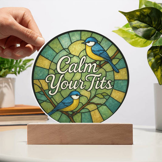 Calm Your Tits Funny Green Faux Stained Glass Bird LED Desk Plaque