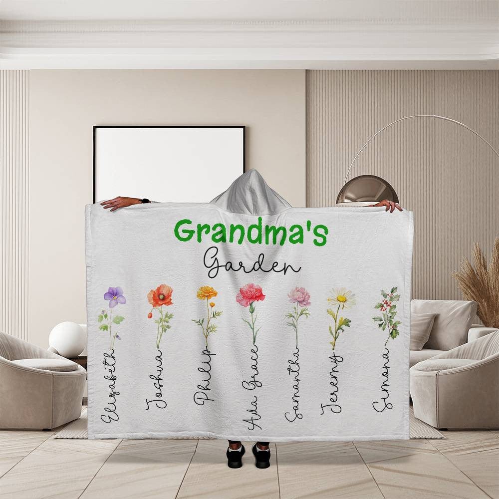 Grandma's Garden Custom Grandkids' Names & Birth Flowers Hooded Sherpa Fleece Blanket