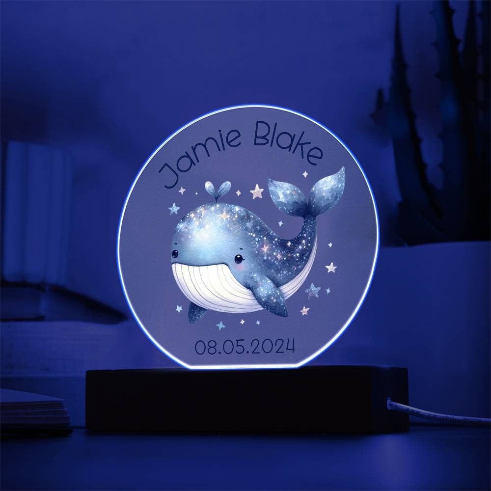 Custom Whale Acrylic Circle LED Plaque Nightlight for Baby's Nursery, Personalized Name Birthday Toddler Light Up Ocean Baby Room Decor