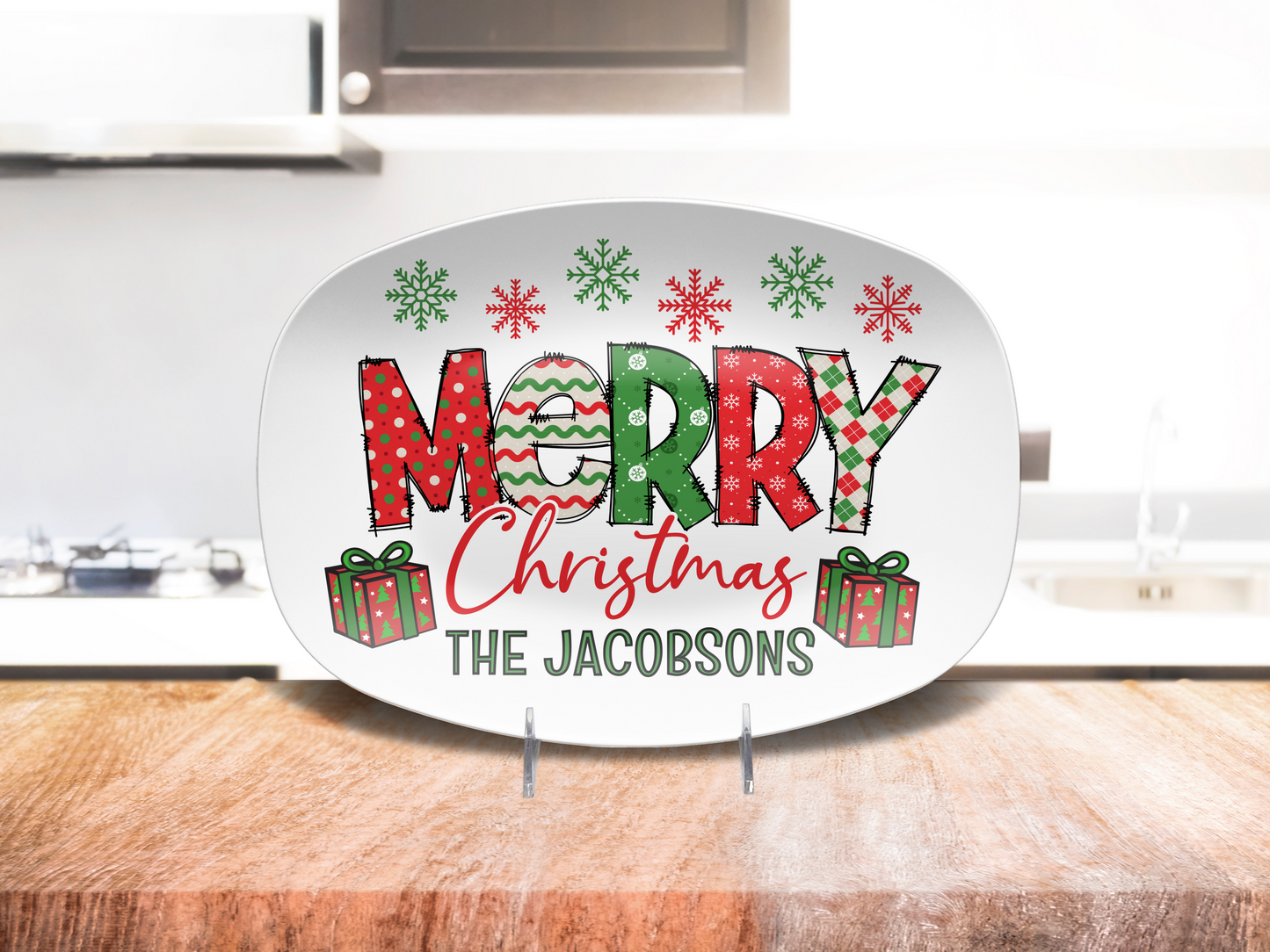 Custom Merry Christmas Platter, Festive Holiday Christmas Kitchen Tray, Personalized Family Name Xmas Plate, Unbreakable BPA-Free 10 x 14"