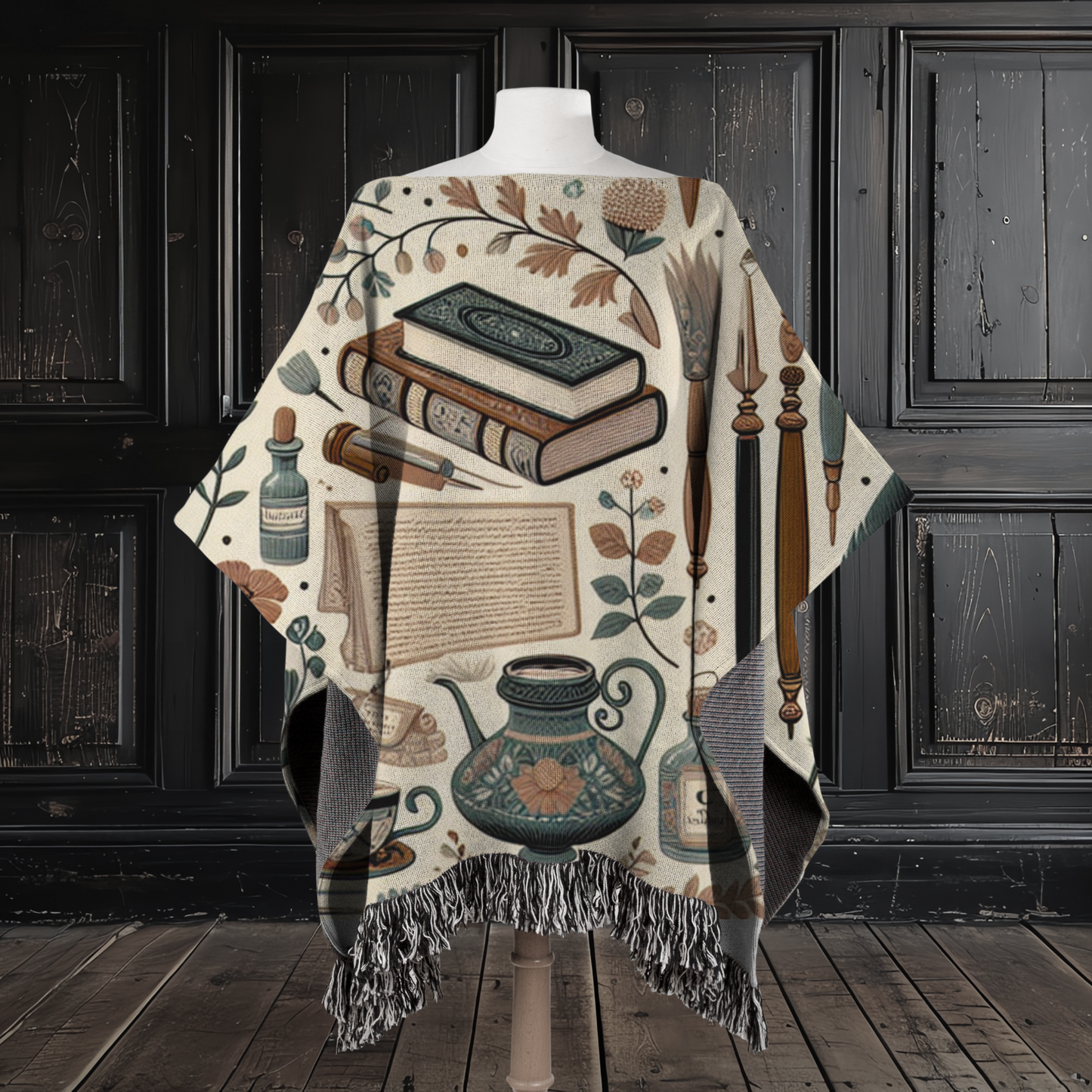 Bookish Academia Motif Woven Cotton Poncho, 50" x 60"