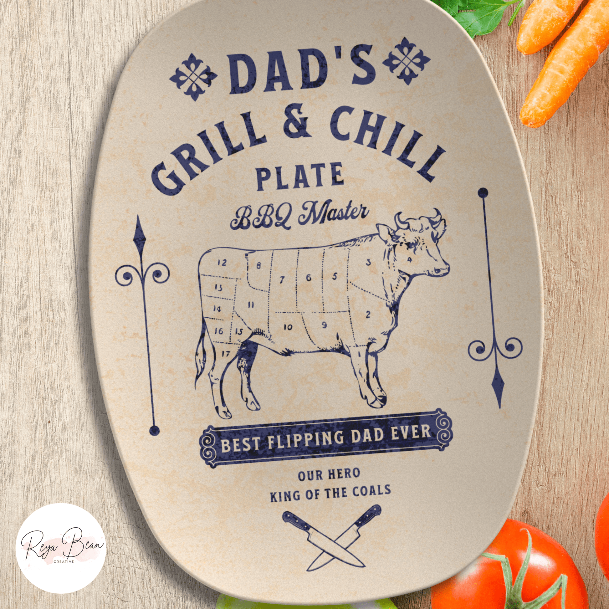 Custom Father's Day Meat Cut Cow Platter Gift for Dad, Dad's Chill and Grill BBQ Master King of the Coals Serving Tray, Dad's Grilling Plate