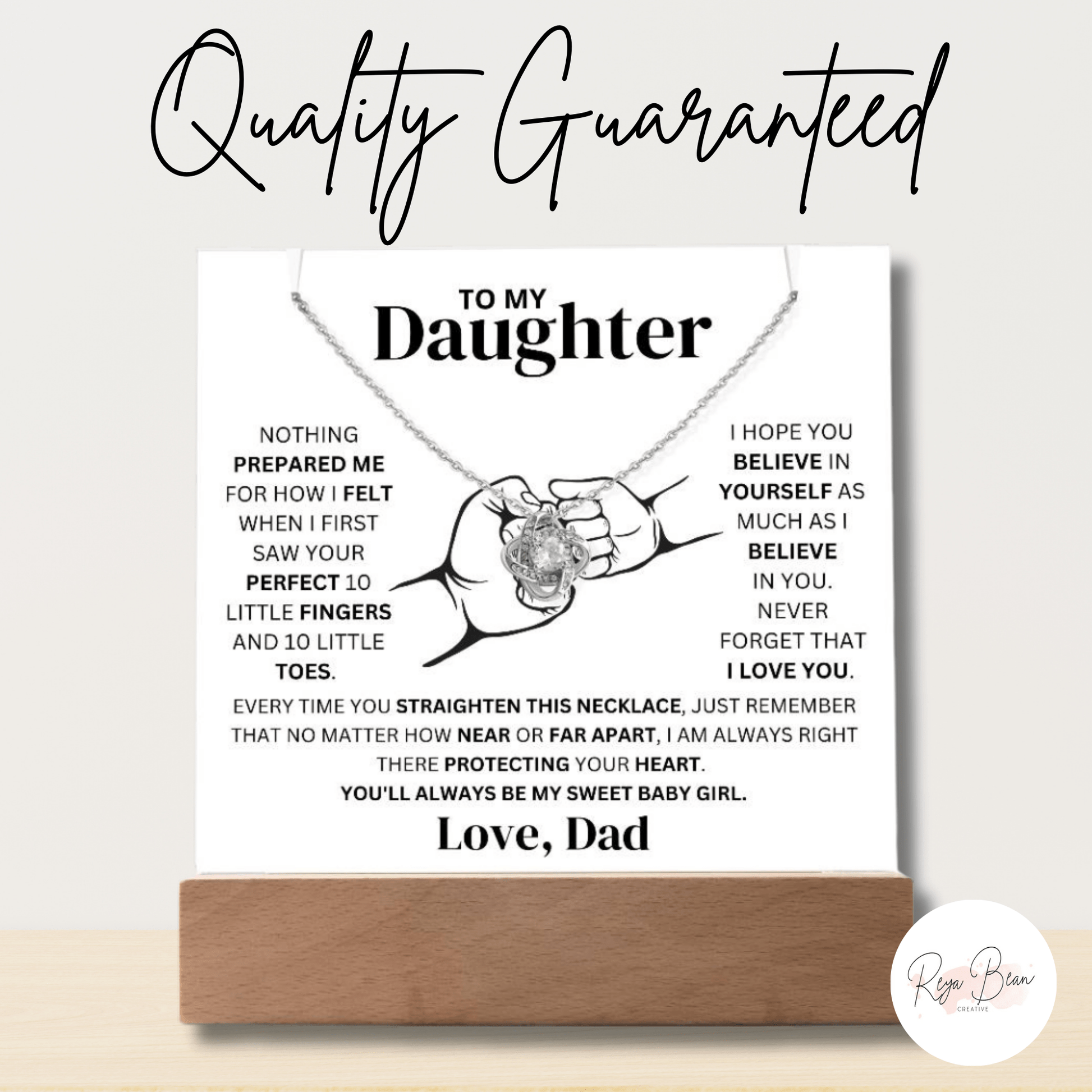 To My Daughter Love Dad Fist Bump Necklace Holder - LED Acrylic Plaque + Love Knot Necklace Bundle