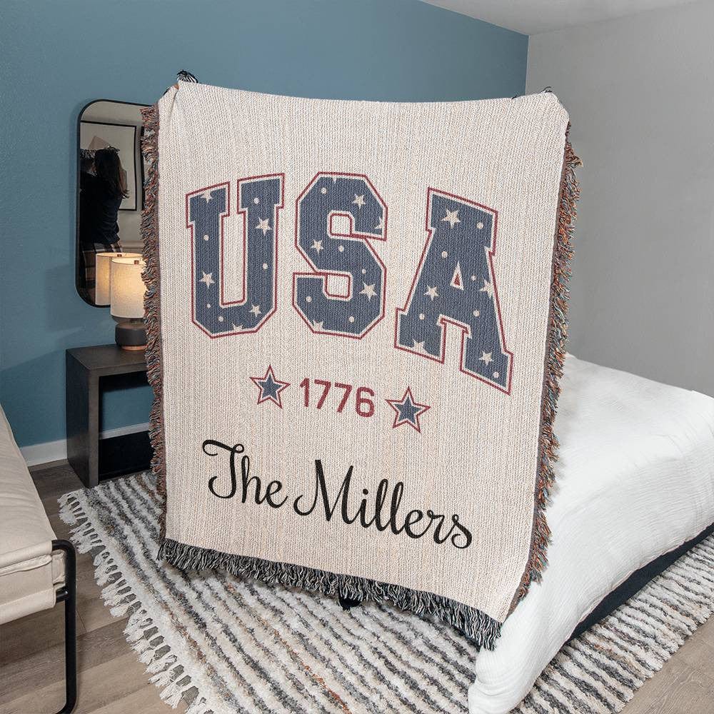 Custom Independence Day Stars and Stripes Heirloom Woven Blanket, Personalized Family Name 1776 Fireworks Watching Cozy ThrowCustom Independence Day Stars and Stripes Heirloom Woven Blanket, Personalized Family Name 1776 Fireworks Watching Cozy Throw