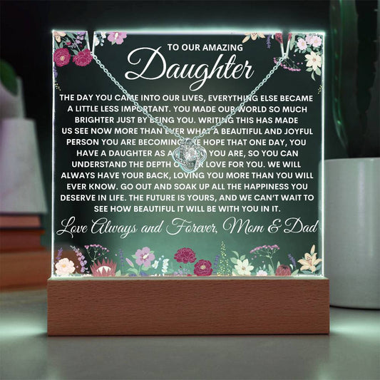 Letter to Daughter Light Up Acrylic Plaque Necklace Bundle, Floral Love Knot Necklace Keepsake Acrylic, Daughter Birthday Night Light Gift