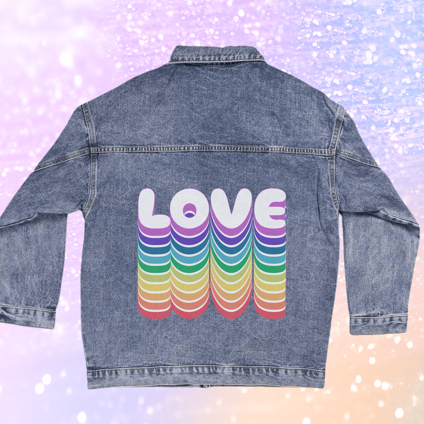 Pride Month Rainbow Love Oversized Women's Denim Jacket, Retro Gay Pride Rainbow, Love is Love 90s Jean Jacket, Happy Pride Month LGBTQIA+