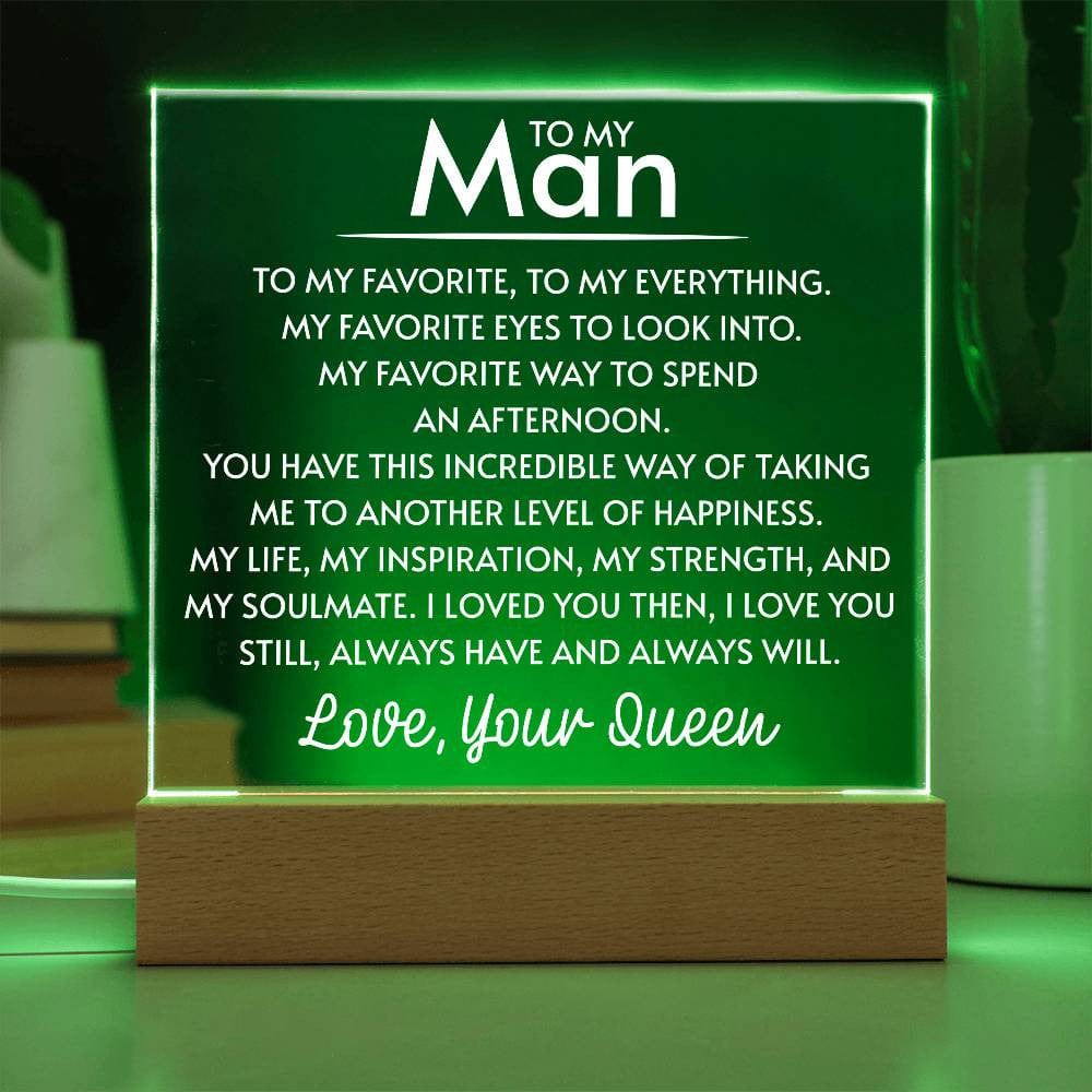 To My Man Father's Day Gift to Husband from Your Queen, Boyfriend Birthday Acrylic Square Plaque, Favorite Person LED Desk Plaque