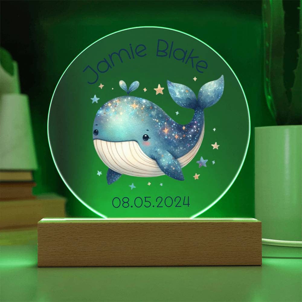 Custom Whale Acrylic Circle LED Plaque Nightlight for Baby's Nursery, Personalized Name Birthday Toddler Light Up Ocean Baby Room Decor