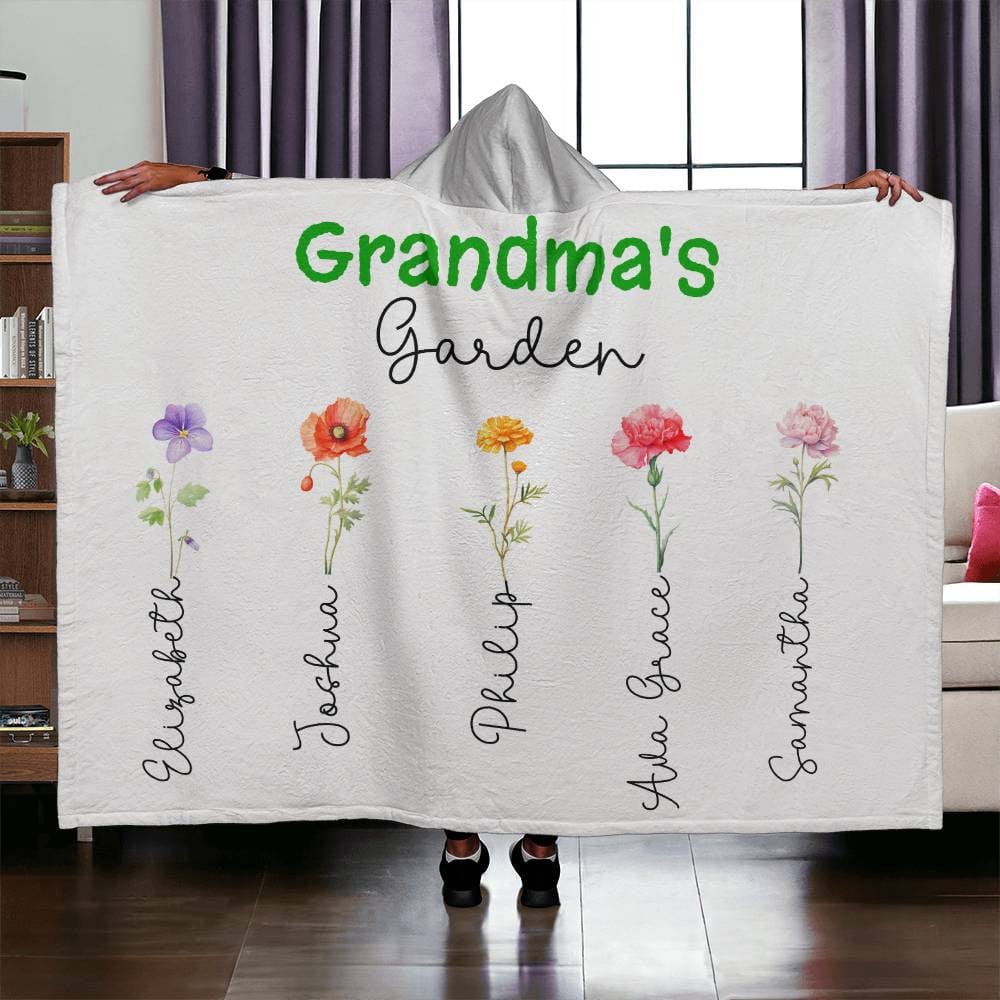 Grandma's Garden Custom Grandkids' Names & Birth Flowers Hooded Sherpa Fleece Blanket