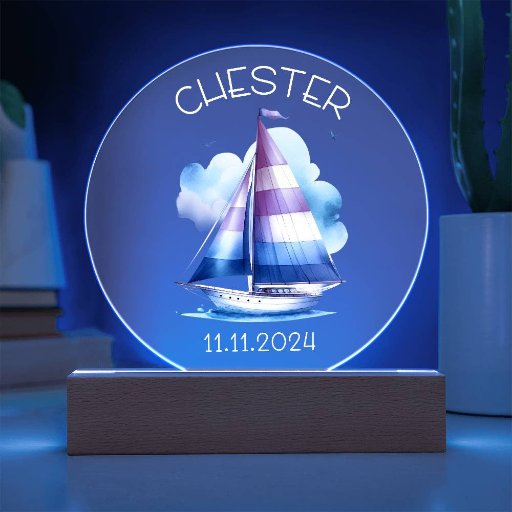 Custom Sailboat Acrylic Circle LED Plaque Nightlight for Baby's Nursery, Personalized Name Birthday Toddler Light Up Sailing Baby Room Decor