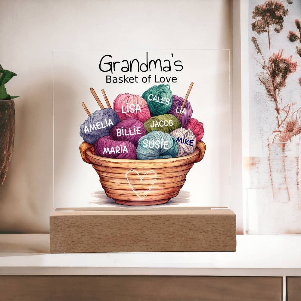 Custom Grandma Birthday Knitting Basked of Love Gift Personalized with Grandkids' Names, Grandchildren Yarn Balls Acrylic Square Plaque