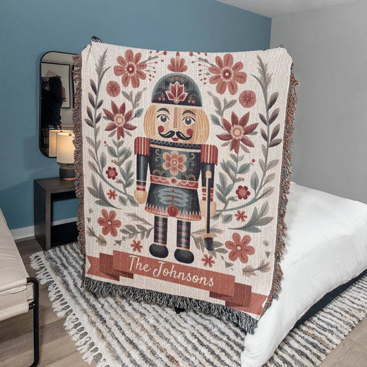 Custom Folk Art Christmas Nutcracker Blanket, Personalized Cottagecore Holiday Heirloom Woven Cozy Cotton Throw, Scandinavian Xmas Decor