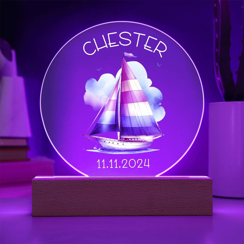 Custom Sailboat Acrylic Circle LED Plaque Nightlight for Baby's Nursery, Personalized Name Birthday Toddler Light Up Sailing Baby Room Decor