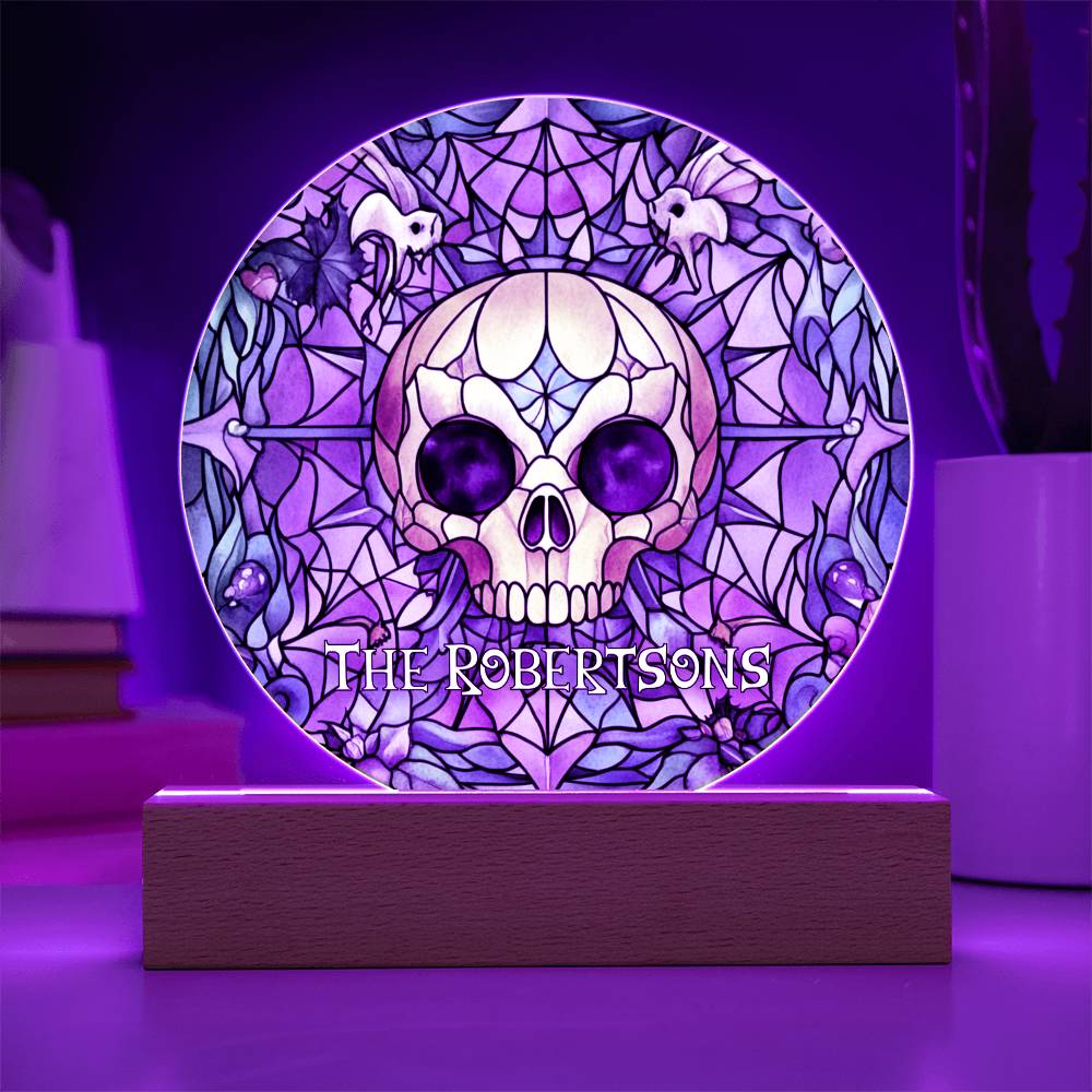 Custom Name Halloween Decoration Light Up Round Acrylic Plaque, Goth Party Light LED, Skull Haunted House Bats Witch Faux Stained Glass