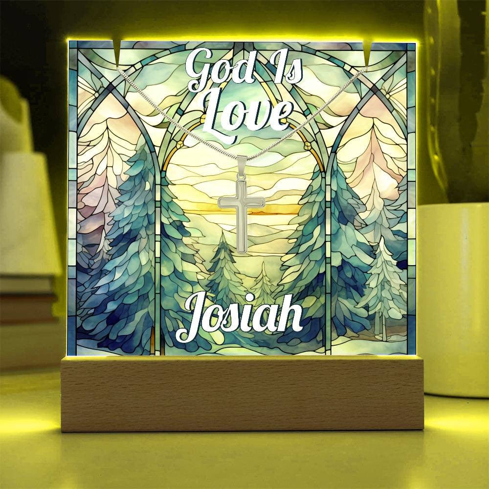 God Is Love Custom LED Acrylic Plaque Unisex Cross Necklace Bundle, Christian Religious Gift, Faux Stained Glass Light Up Desk Plaque Cross