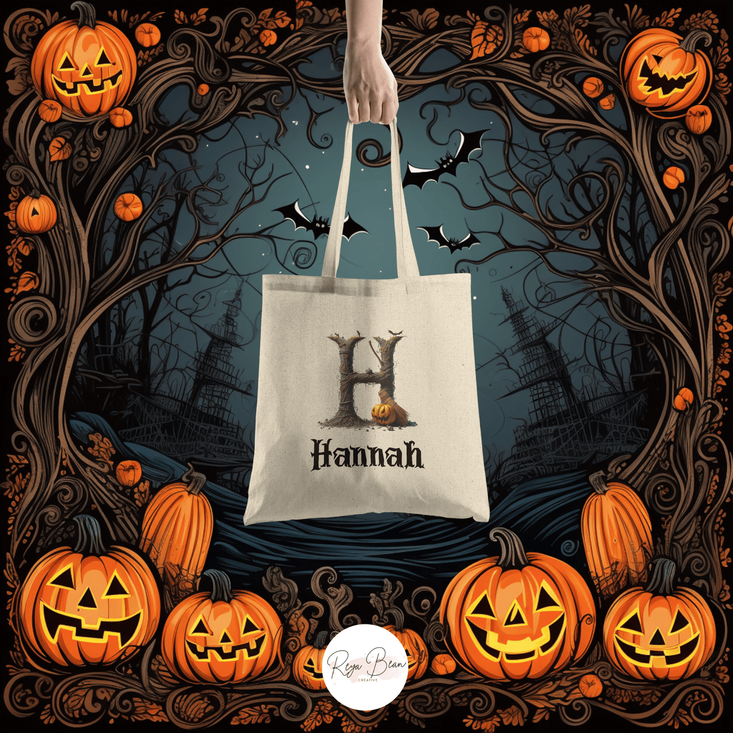 Halloween Custom Name Cotton Trick-or-Treat Tote Bag for Kids, Happy Halloween Personalized Creepy Trick or Treat Custom Candy Bag