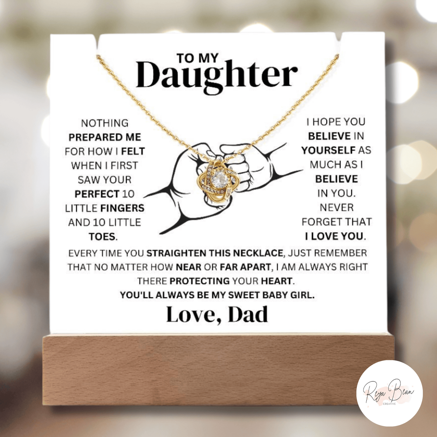 To My Daughter Love Dad Fist Bump Necklace Holder - LED Acrylic Plaque + Love Knot Necklace Bundle