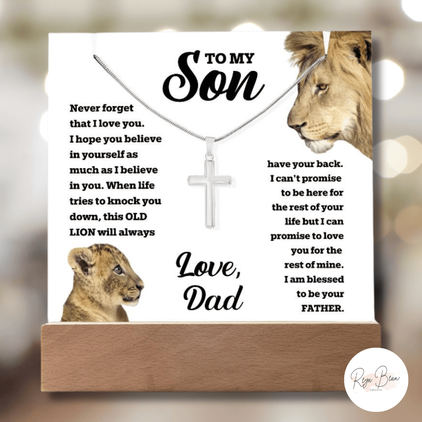 To My Son Old Lion Cross Necklace from Dad - LED Acrylic Plaque + Cross Necklace Bundle