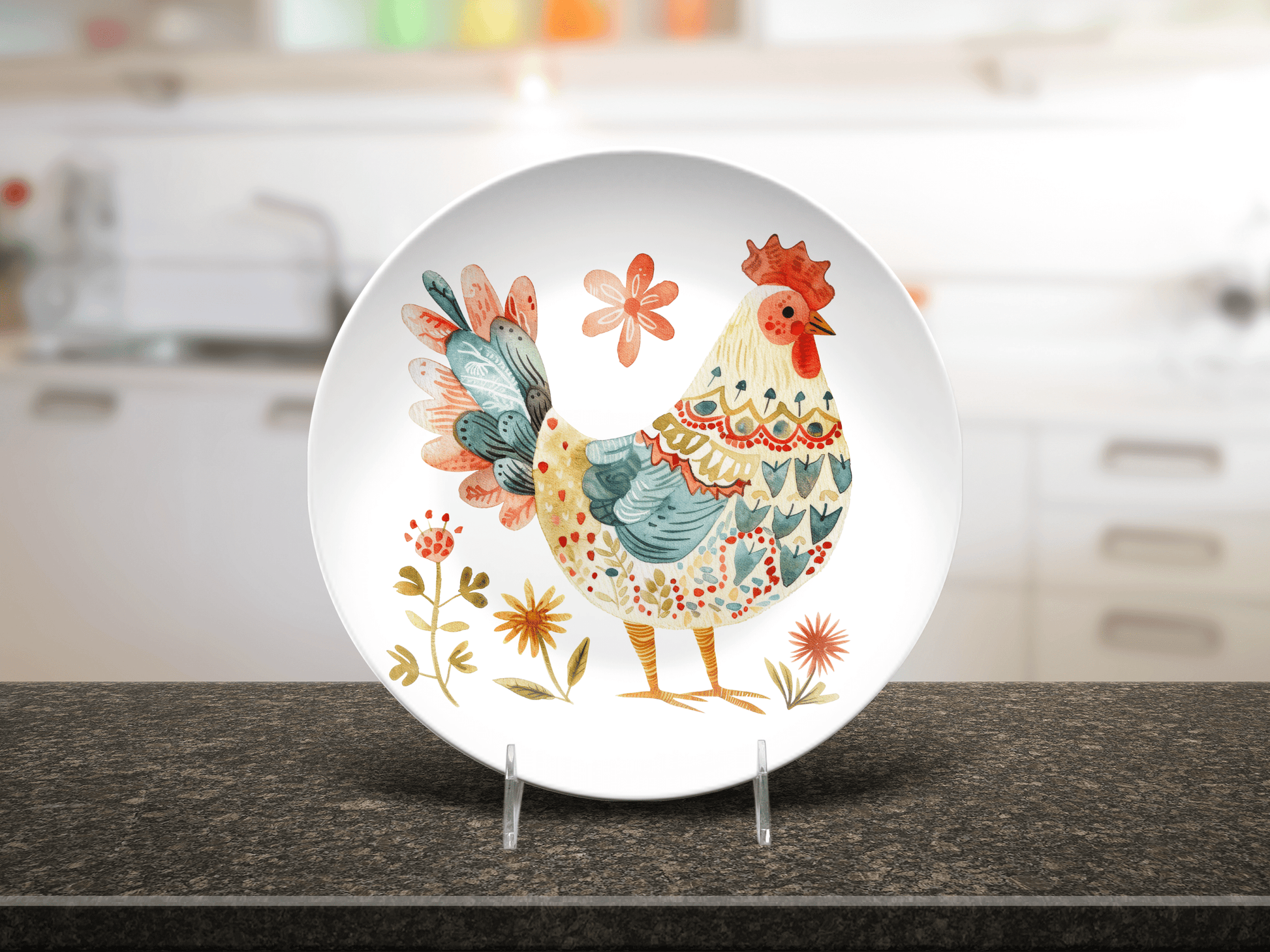 Chicken Housewarming Party Plates Gift, Folk Chicken Floral Plate Set, Fun Homesteader Gift Whimsical Roosters