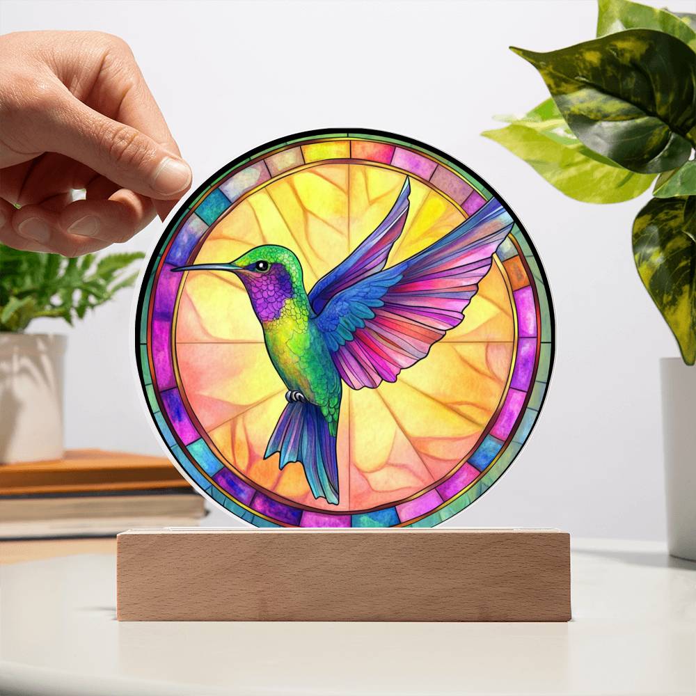 Hummingbird LED Plaque - Faux Stained Glass Acrylic Light with Soft Glow