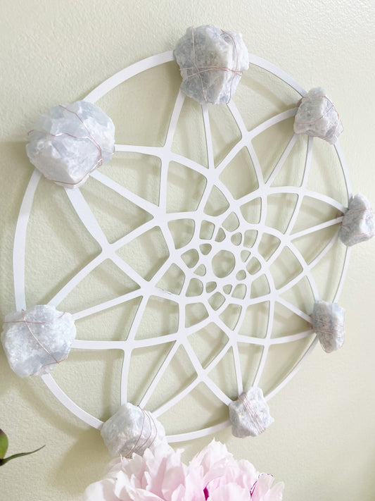 Sacred Geometry Wire-wrapped Blue Calcite - White Metal Wall Art Crystal Grid
