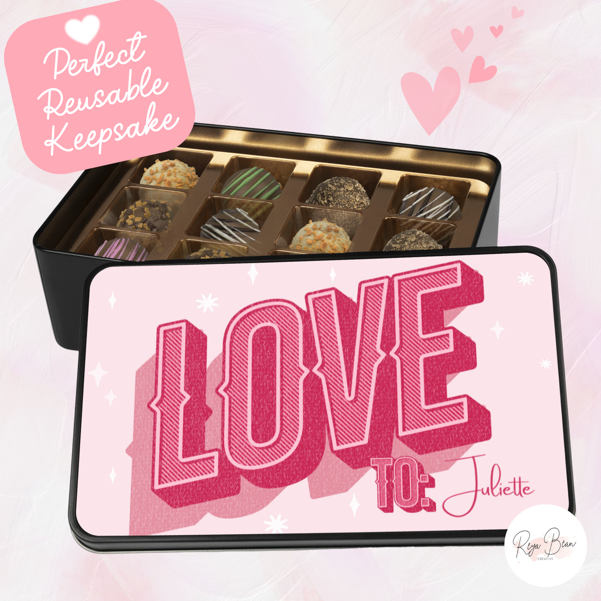 Custom pink LOVE Valentine's Day Tin - 12 Handmade Chocolate Truffles