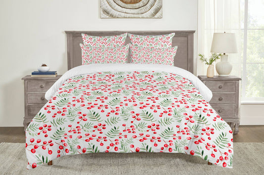 Christmas 5 Piece Red & Green Holly Duvet Pillowcase Set (Twin, Queen, King)