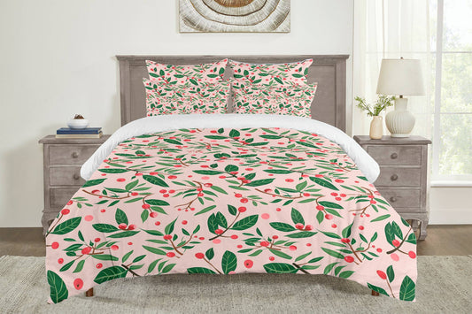 Christmas 5 Piece Pink Holly Duvet Pillowcase Set (Twin, Queen, King)