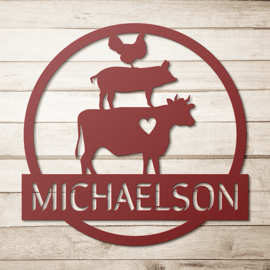 Custom Family Name - Farm Animals Die-Cut Steel Sign