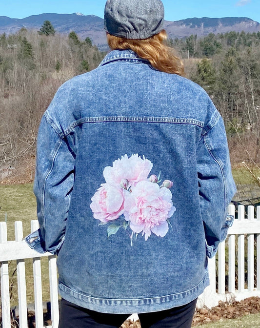 Pink Peonies Floral - Women's Oversized Jean Jacket