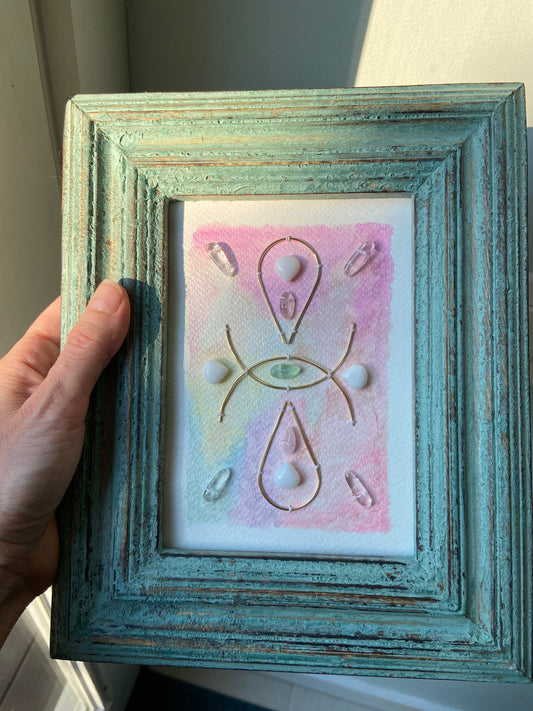 Sacred Geometry Art - Wire Crystal Grid With Rainbow Watercolor Background & Rustic Blue Frame