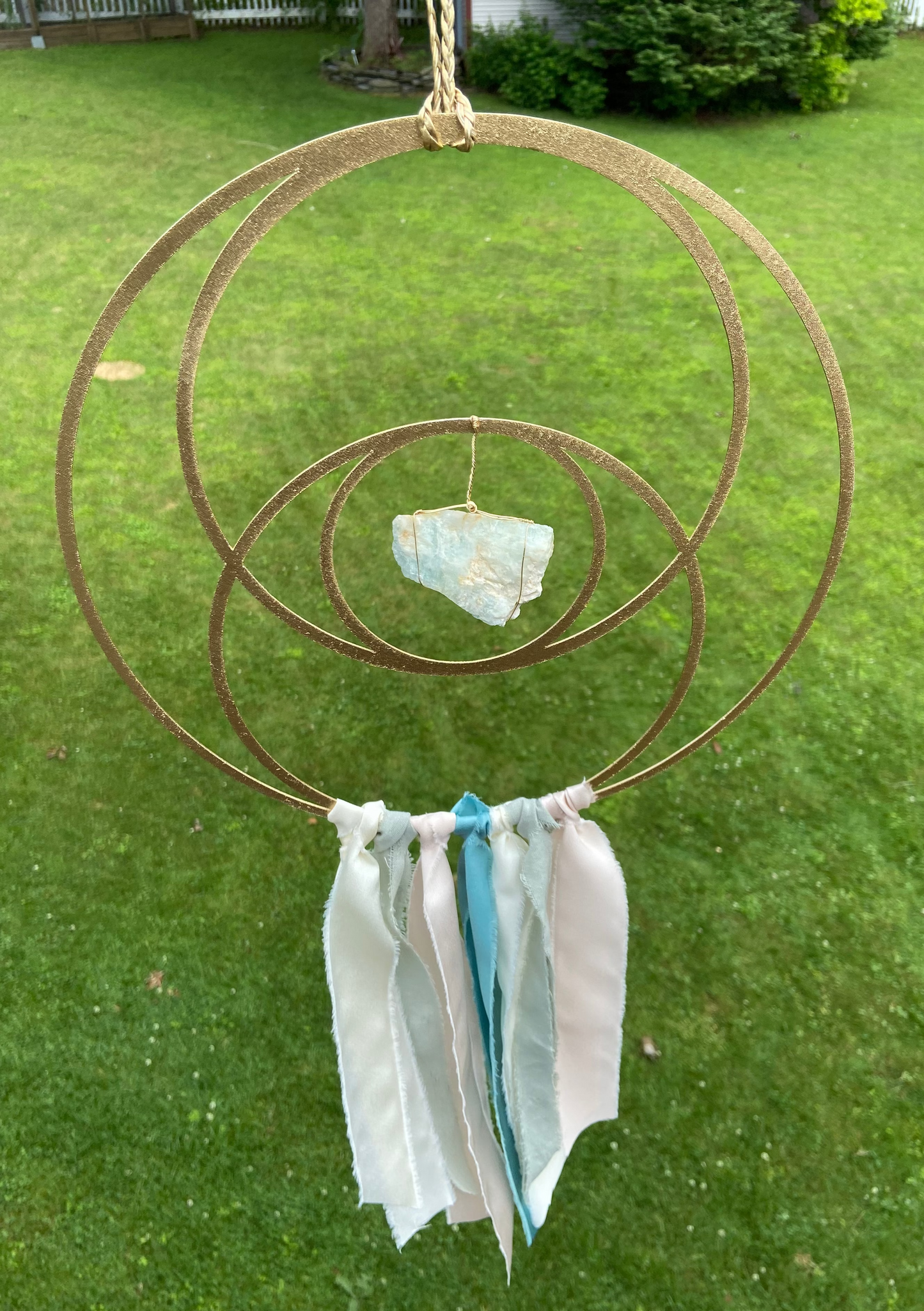Sacred Geometry Metal Ribbon Wire-wrapped Crystal Suncatcher, One of a Kind 12" Gold Finish