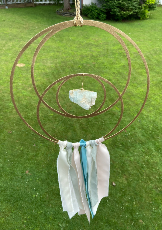 Sacred Geometry Metal Ribbon Wire-wrapped Crystal Suncatcher, One of a Kind 12" Gold Finish