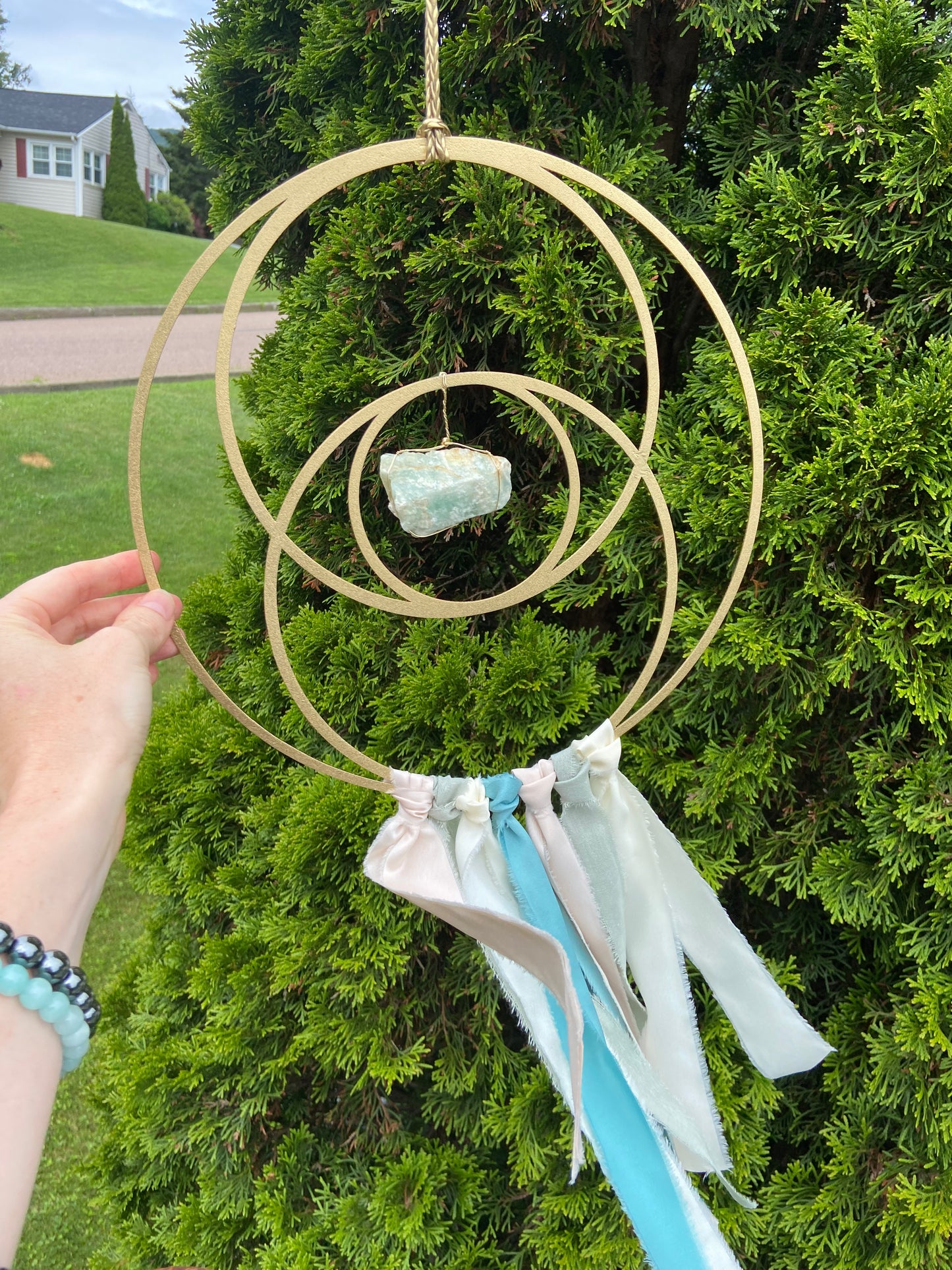 Sacred Geometry Metal Ribbon Wire-wrapped Crystal Suncatcher, One of a Kind 12" Gold Finish