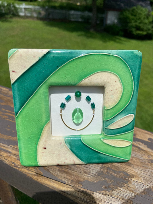 Sacred Geometry Shaped Wire Glass Beads - Green Ceramic Frame 4.25 x 4.25"
