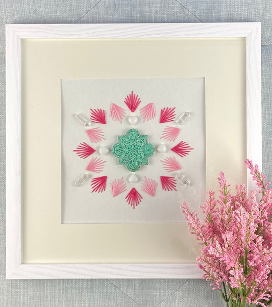 Framed Hand-Stitched Sacred Geometry Crystal Grid 13 x 13", Pink, Aqua & White