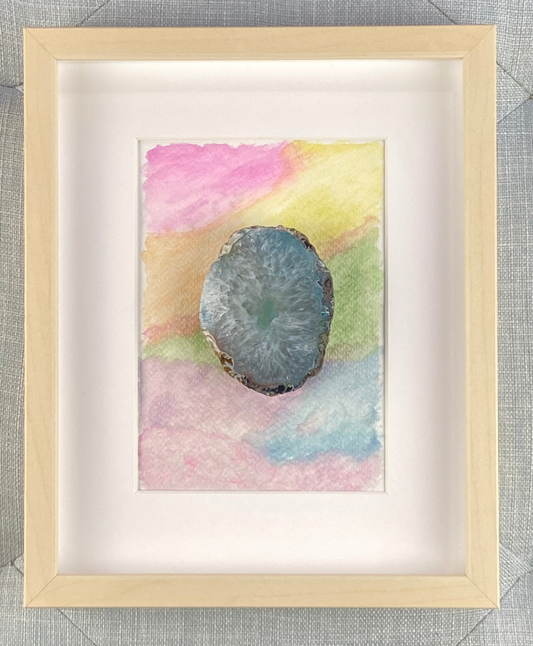 Framed Blue Druzy Agate Rainbow Watercolor - 9 x 11"