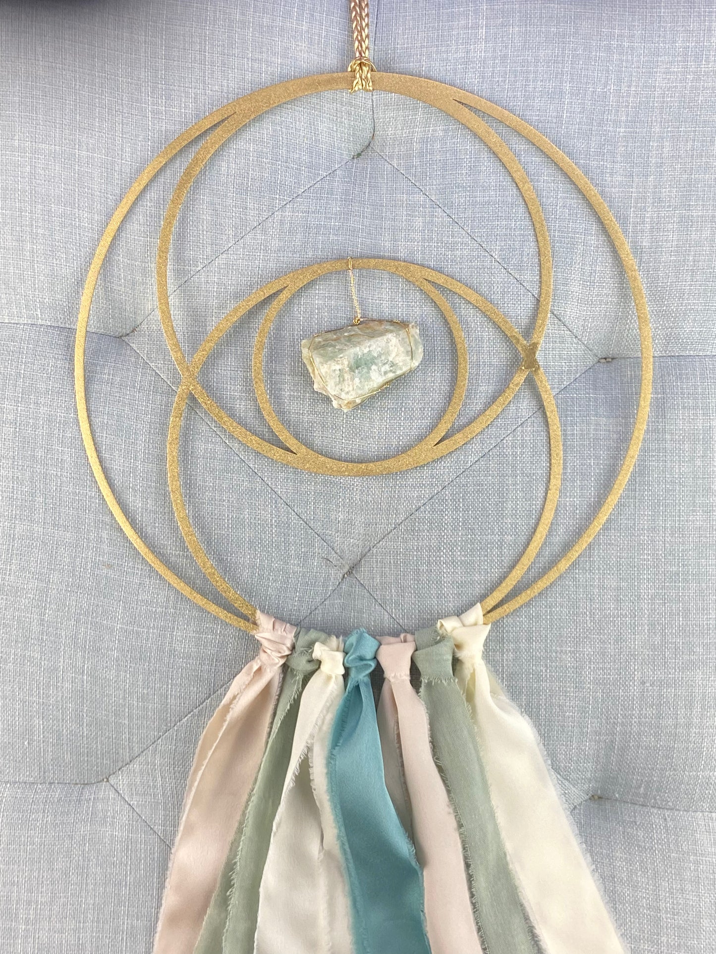 Sacred Geometry Metal Ribbon Wire-wrapped Crystal Suncatcher, One of a Kind 12" Gold Finish