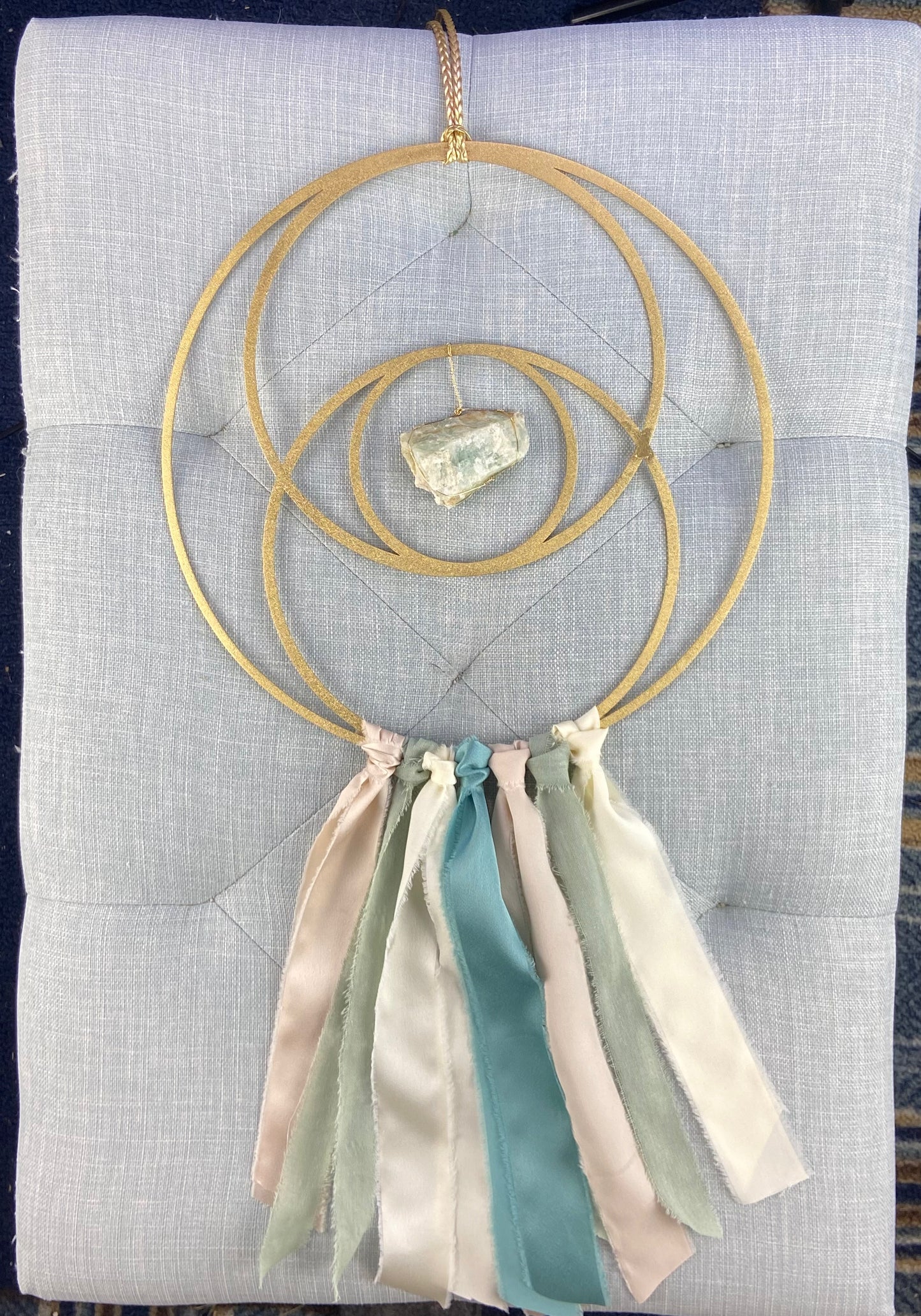 Sacred Geometry Metal Ribbon Wire-wrapped Crystal Suncatcher, One of a Kind 12" Gold Finish