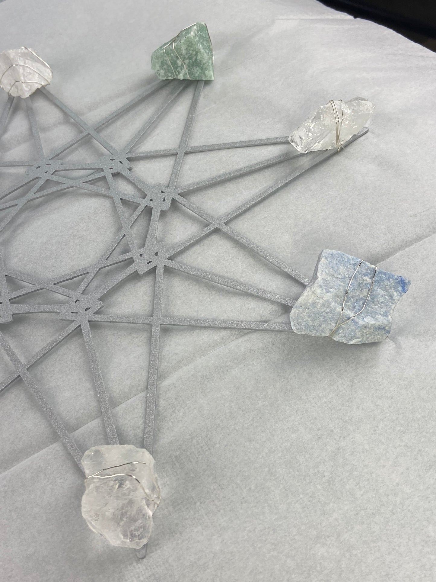 Quartz Aventurine Sacred Geometry Wall Art - Wire-wrapped Raw Crystal Grid 12"