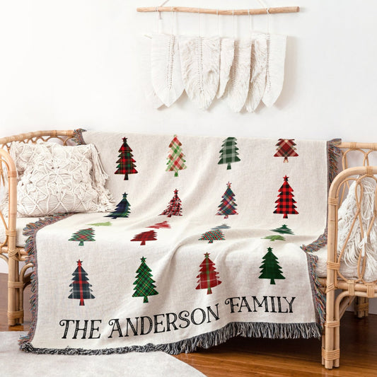 Custom Family Blanket Christmas Plaid Trees, Personalized Holiday Heirloom Woven Cotton Couch Throw, Personalized Cozy Xmas Trees Decor Gift