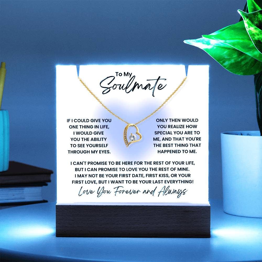 To My Soulmate Glow Heart Blue Glow - LED Acrylic Plaque + Forever Love Heart Necklace